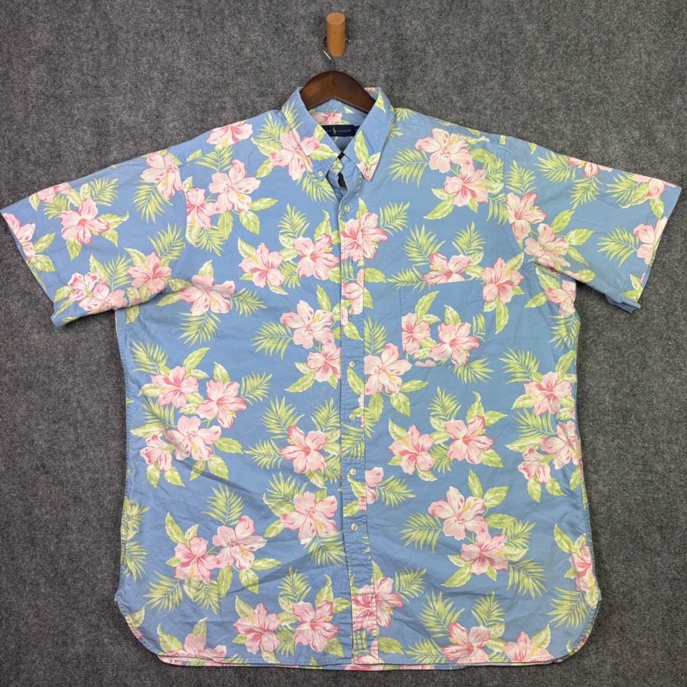 Ralph Lauren Button Down Mens 2XLT Blue Floral Hibiscus Cotton Tropical Shirt